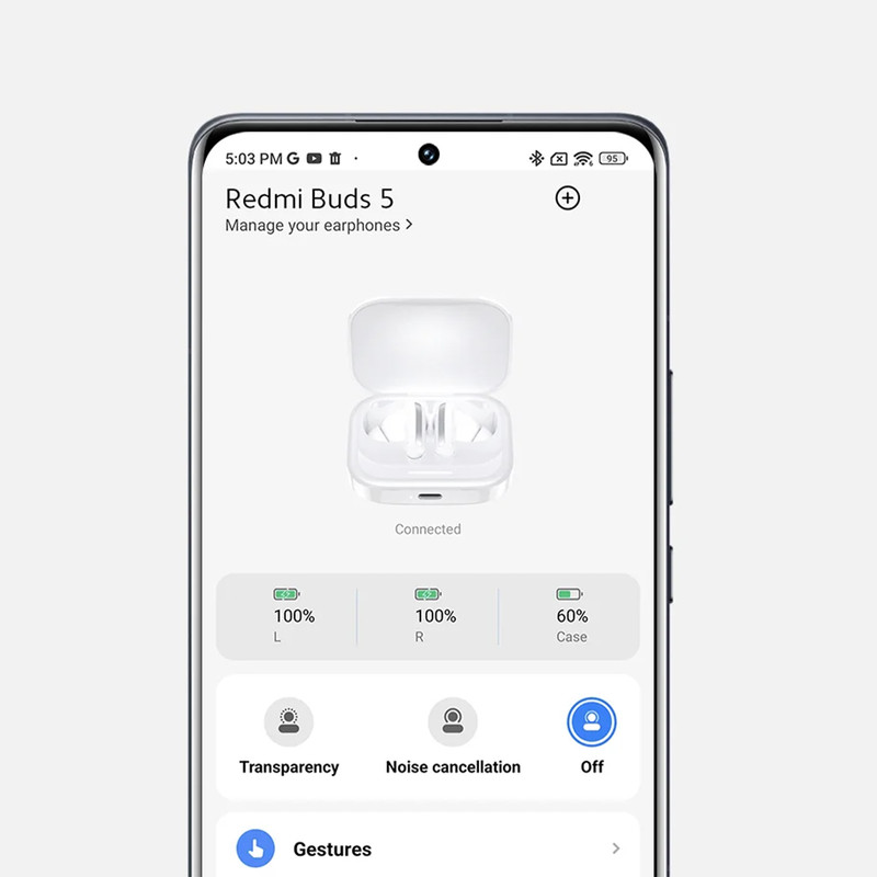هدفون بلوتوثی شیائومی مدل Redmi Buds 5 با نویز کنسلینگ فعال (ANC)، درگاه شارژ USB Type-C، دارای نشانگر روی محفظه شارژ