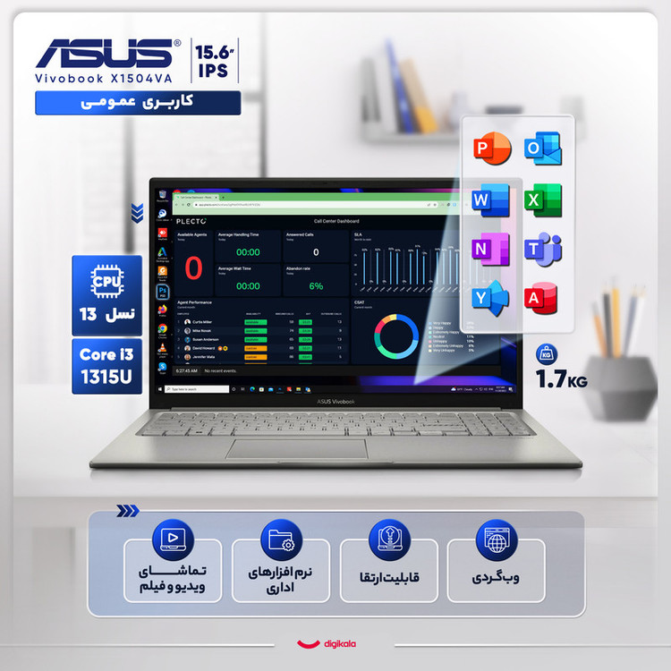 لپتاپ ایسوس مدل Vivobook X1504VA-NJ816 با پردازنده Core i3-1315U، رم DDR4 4GB با فرکانس 3200MHz، حافظه SSD با ظرفیت 512GB، نمایشگر 15.6 اینچ IPS با وضوح Full HD