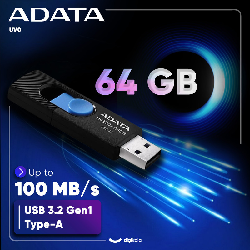 فلشمموری کشویی ای دیتا مدل UV320 ظرفیت 64 گیگابایت با رابط USB 3.2 Gen1 سرعت انتقال تا 10 گیگابیت بر ثانیه و سازگار با ویندوز، مک، لینوکس، گوشی و تلویزیون