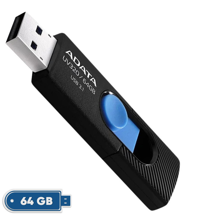 فلشمموری کشویی ای دیتا مدل UV320 ظرفیت 64 گیگابایت با رابط USB 3.2 Gen1 سرعت انتقال تا 10 گیگابیت بر ثانیه و سازگار با ویندوز، مک، لینوکس، گوشی و تلویزیون