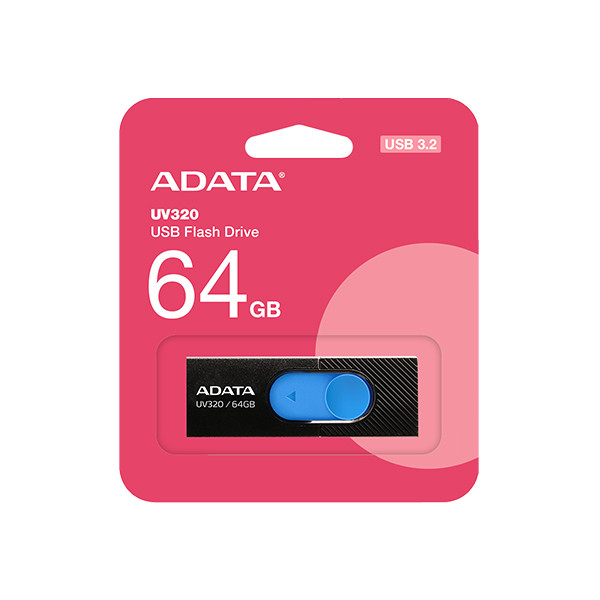 فلشمموری کشویی ای دیتا مدل UV320 ظرفیت 64 گیگابایت با رابط USB 3.2 Gen1 سرعت انتقال تا 10 گیگابیت بر ثانیه و سازگار با ویندوز، مک، لینوکس، گوشی و تلویزیون