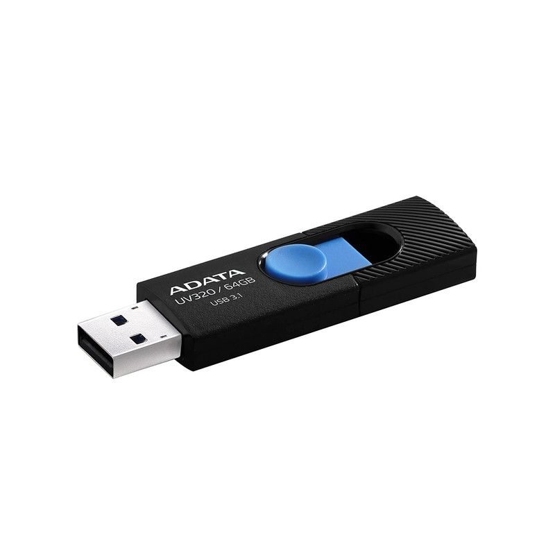 فلشمموری کشویی ای دیتا مدل UV320 ظرفیت 64 گیگابایت با رابط USB 3.2 Gen1 سرعت انتقال تا 10 گیگابیت بر ثانیه و سازگار با ویندوز، مک، لینوکس، گوشی و تلویزیون