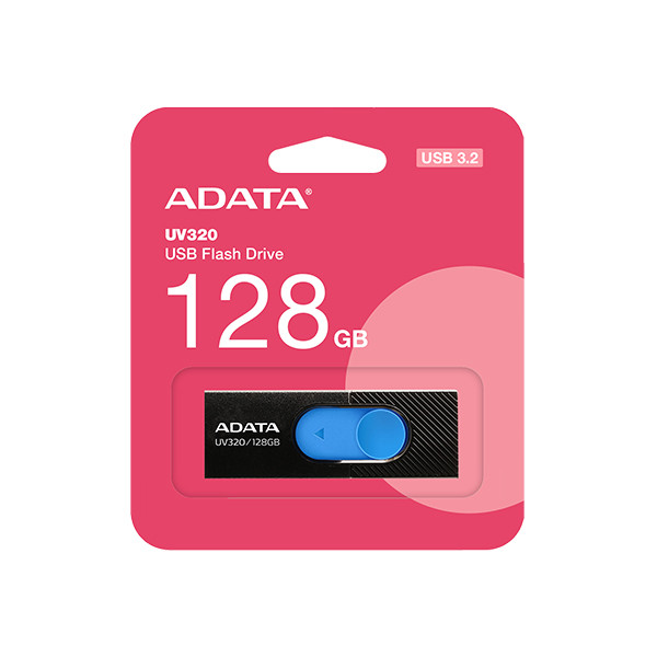 فلش مموری ای دیتا مدل UV320 ظرفیت 128 گیگابایت با درگاه USB 3.1 کشویی و سازگار با ویندوز، مک و لینوکس، انتقال داده با سرعت 10 گیگابیت بر ثانیه و طراحی جمعوجور