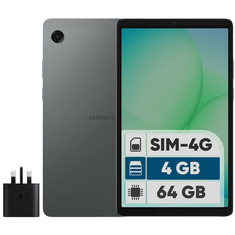 تبلت 8.7 اینچ سامسونگ مدل Galaxy Tab A11 4G، ظرفیت 64 گیگابایت و رم 4 گیگابایت، قابلیت پشتیبانی از سیم کارت، رزولوشن دوربین 8 مگاپیکسل، به همراه شارژر دیواری 25 وات سامسونگ مدل EP-TA800