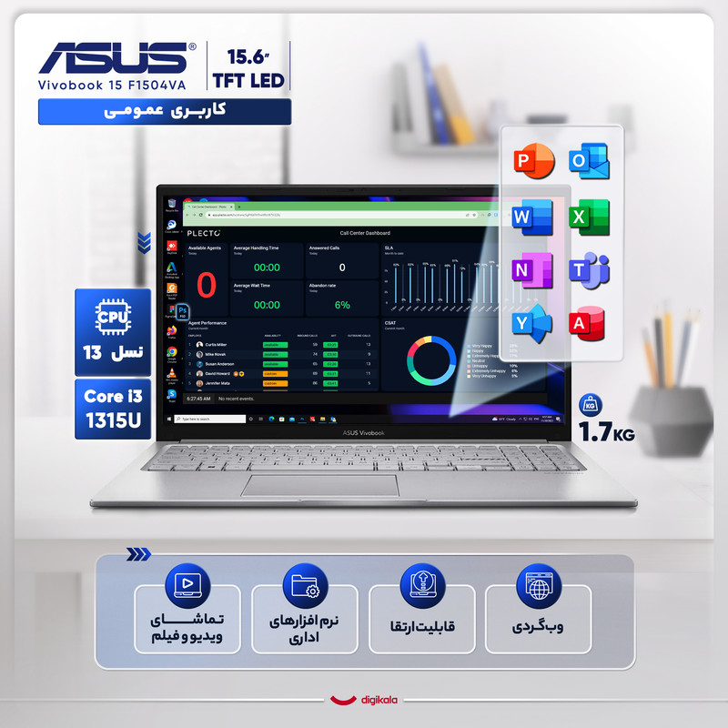 لپتاپ ایسوس مدل Vivobook 15 F1504VA-NJ1213 با پردازنده Core i3-1315U، رم DDR4 4GB با فرکانس 3200MHz، حافظه SSD با ظرفیت 256GB، نمایشگر 15.6 اینچ با پنل TFT با وضوح Full HD