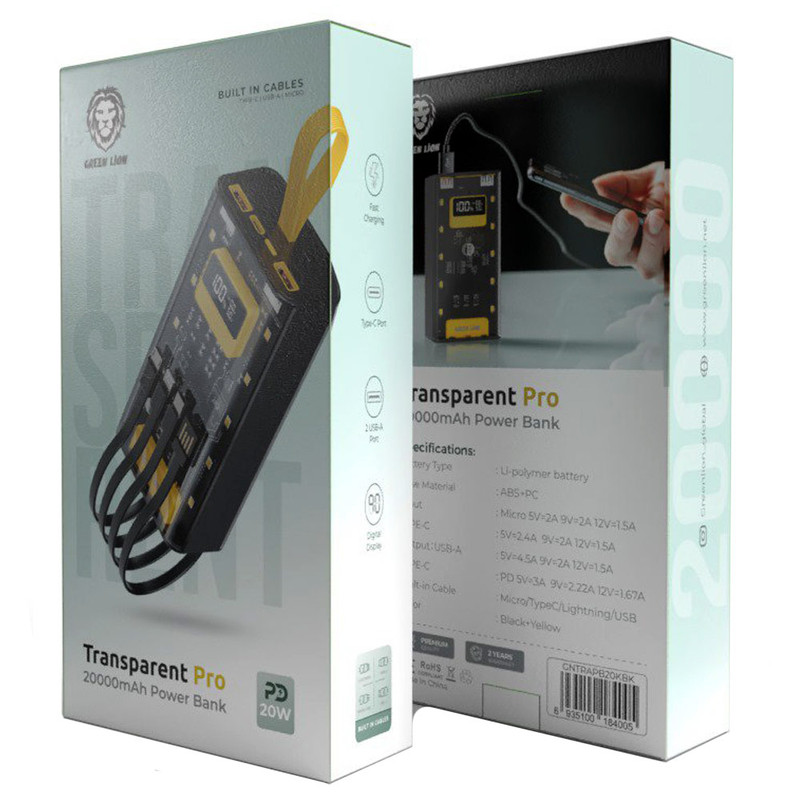 پاوربانک 20 وات گرین لاین مدل Transparent Pro ظرفیت 20000 میلی آمپر ساعت